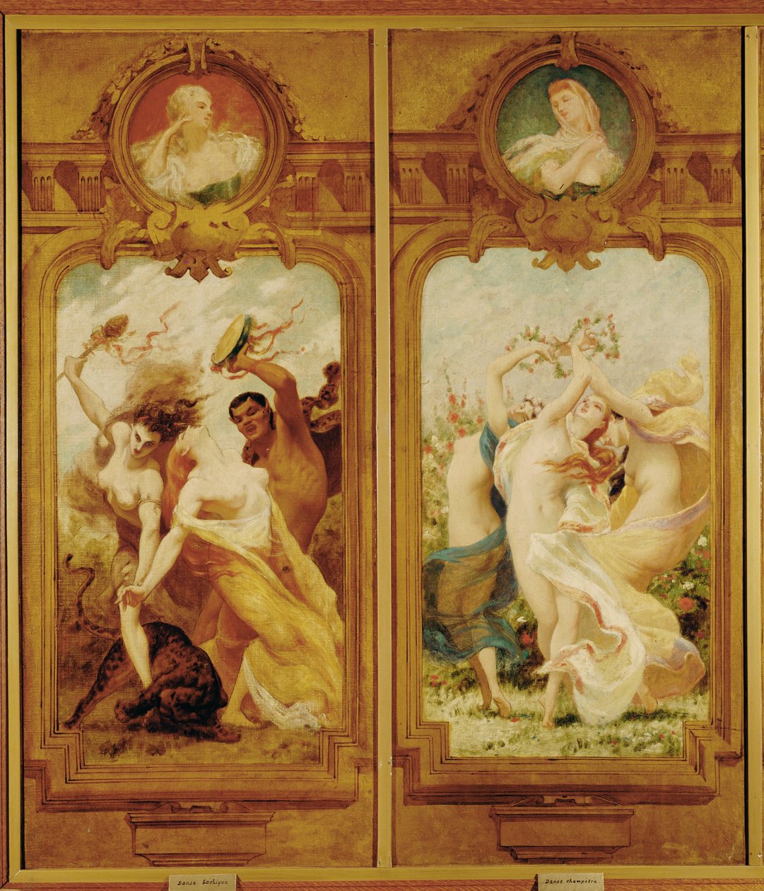 O Foyer de la Danse apresenta quatro murais de Boulanger que mostram uma Danse Bachique, Bacchanalia e uma danse champetre, uma dança campestre ... (pintura mural) de Gustave Clarence Rodolphe Boulanger