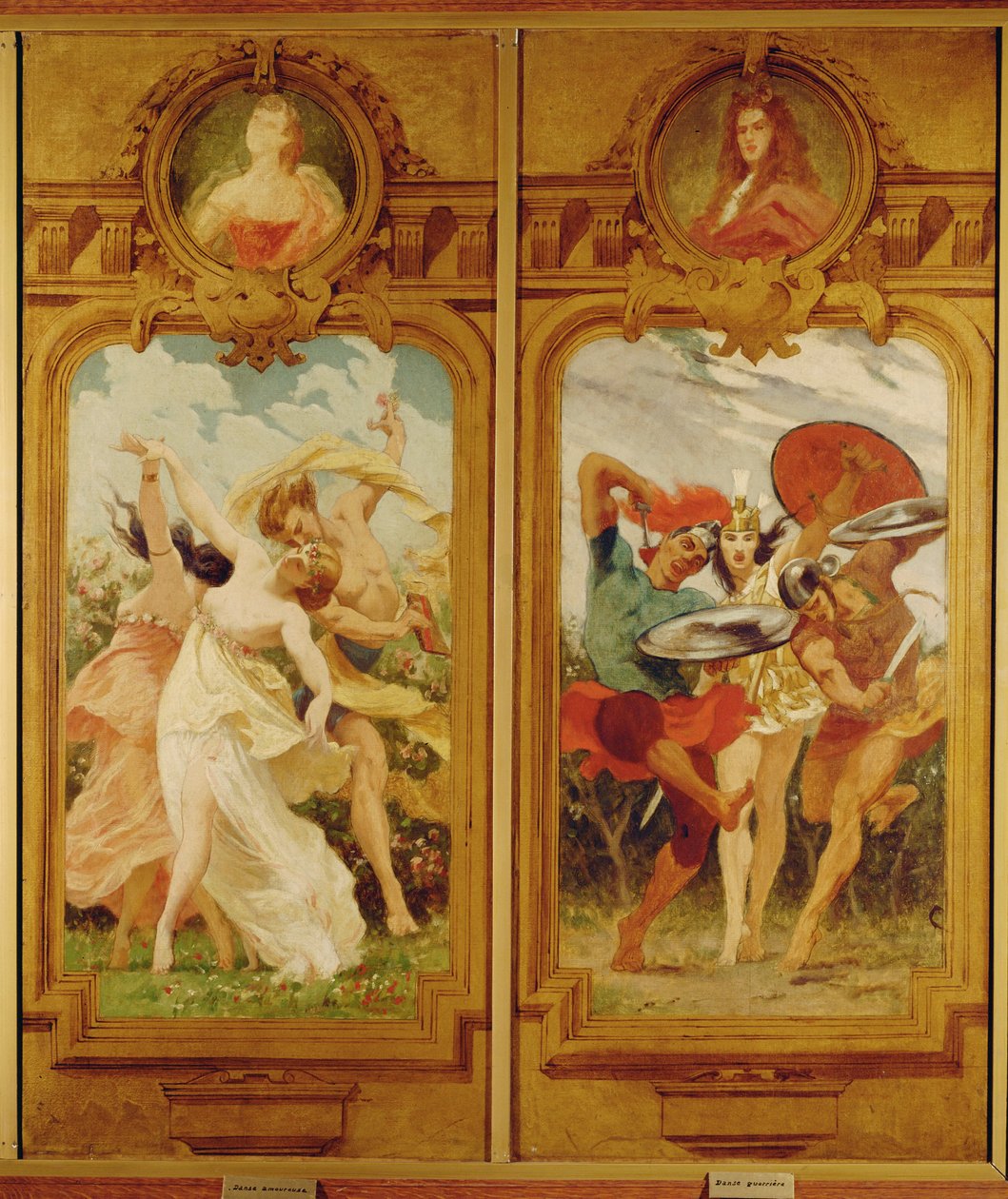 O Foyer de la Danse apresenta quatro murais de Boulanger que mostram uma Danse amoureuse, uma dança dos amantes, e uma Danse guerriere, uma dança de guerra ... (pintura mural) de Gustave Clarence Rodolphe Boulanger