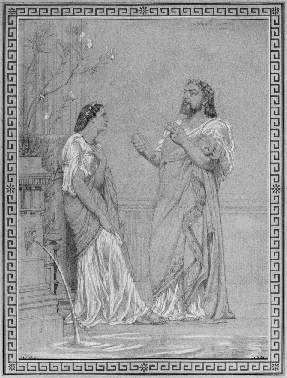 Theophile Gautier e Maria Favart, esboço para a pintura "Ensaio de &39;O Fluteplayer&39; e &39;A esposa de Diomedes&39; no átrio da casa de Pompeia do Príncipe Napoleão, 18 Avenue Montaigne, Paris &39; de Gustave Clarence Rodolphe Boulanger