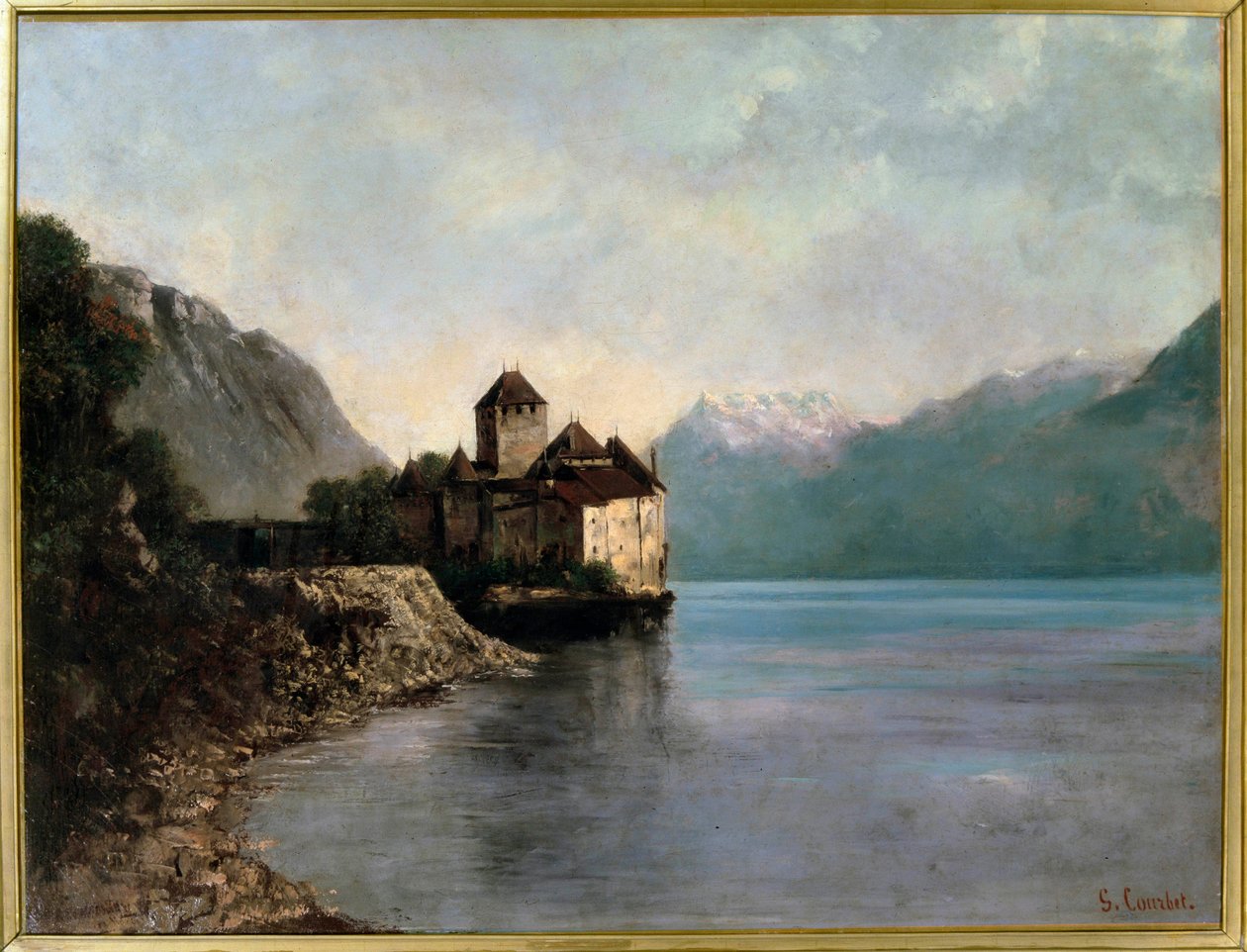Um castelo nas margens do Lago Leman, na Suíça. Vista do castelo de Chillon. (óleo sobre tela de Gustave Courbet