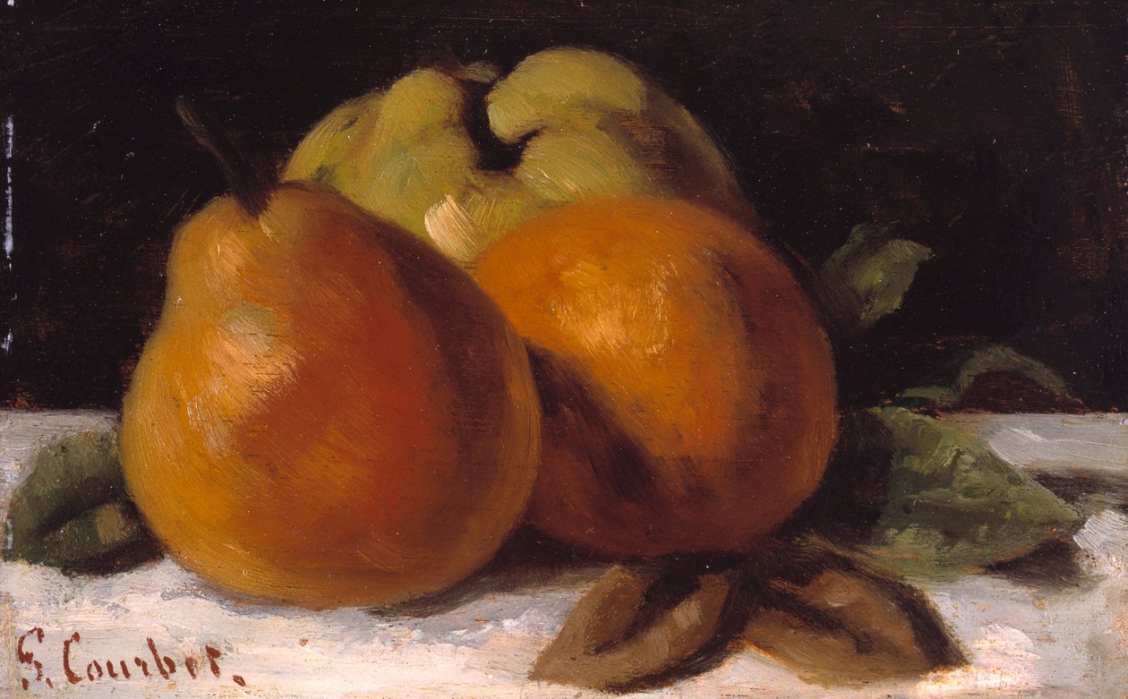 Maçã, pera e laranja, c.1871-72 (óleo sobre painel) de Gustave Courbet
