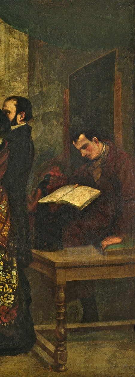 Baudelaire lendo um livro, detalhe de &39;O Estúdio do Pintor, uma Alegoria Real&39;, 1855 (detalhe de 19190) de Gustave Courbet