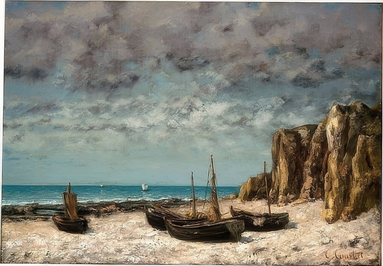 Barcos na praia de Etretat. Por volta de 1872-75 de Gustave Courbet
