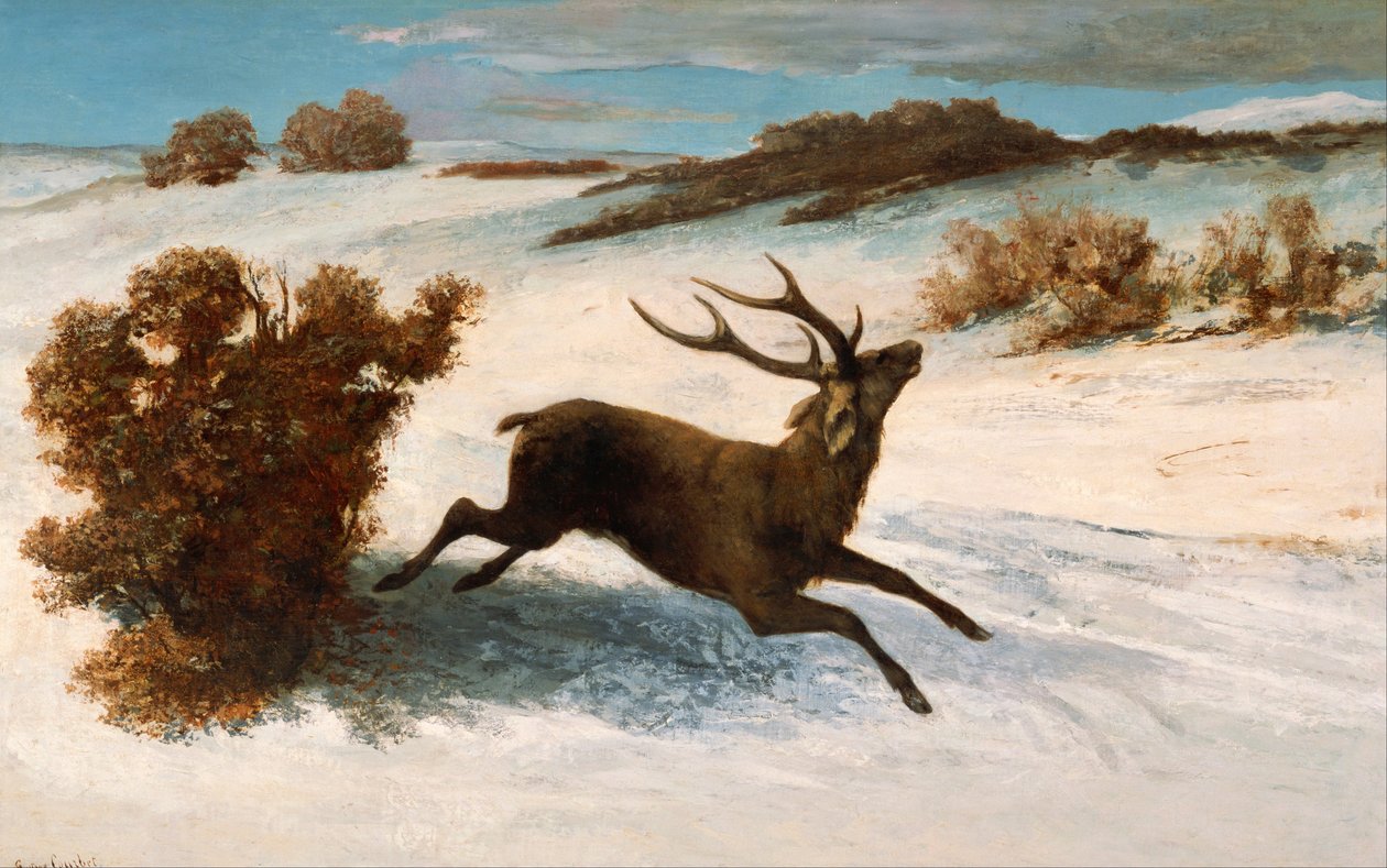 Veado correndo na neve de Gustave Courbet
