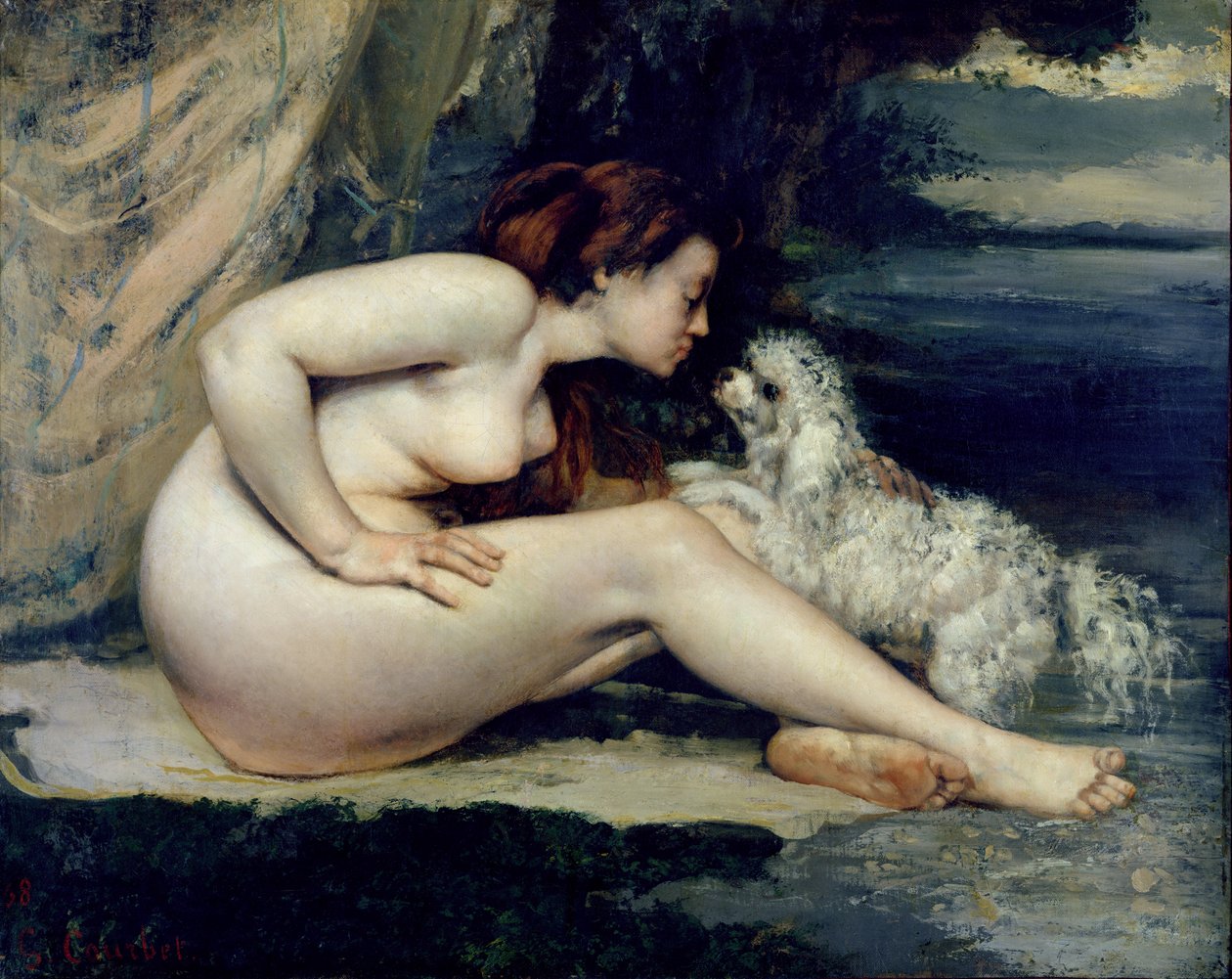 Nu Fêmea com um Cachorro (Retrato de Leotine Renaude) 1861-62 (óleo sobre tela) de Gustave Courbet