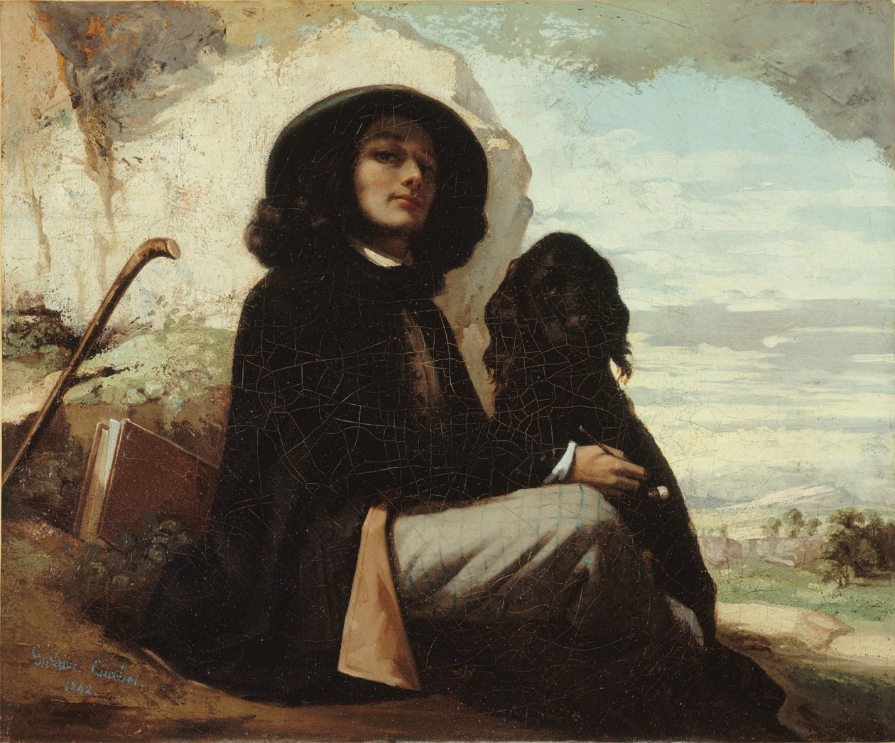 Francês:  Autoportrait dit Courbet au chien noir Autorretrato com um cão preto de Gustave Courbet