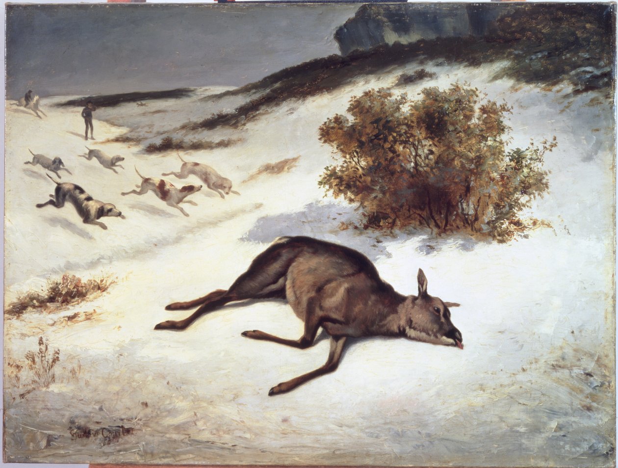 Hind forçado para baixo na neve, 1866 de Gustave Courbet