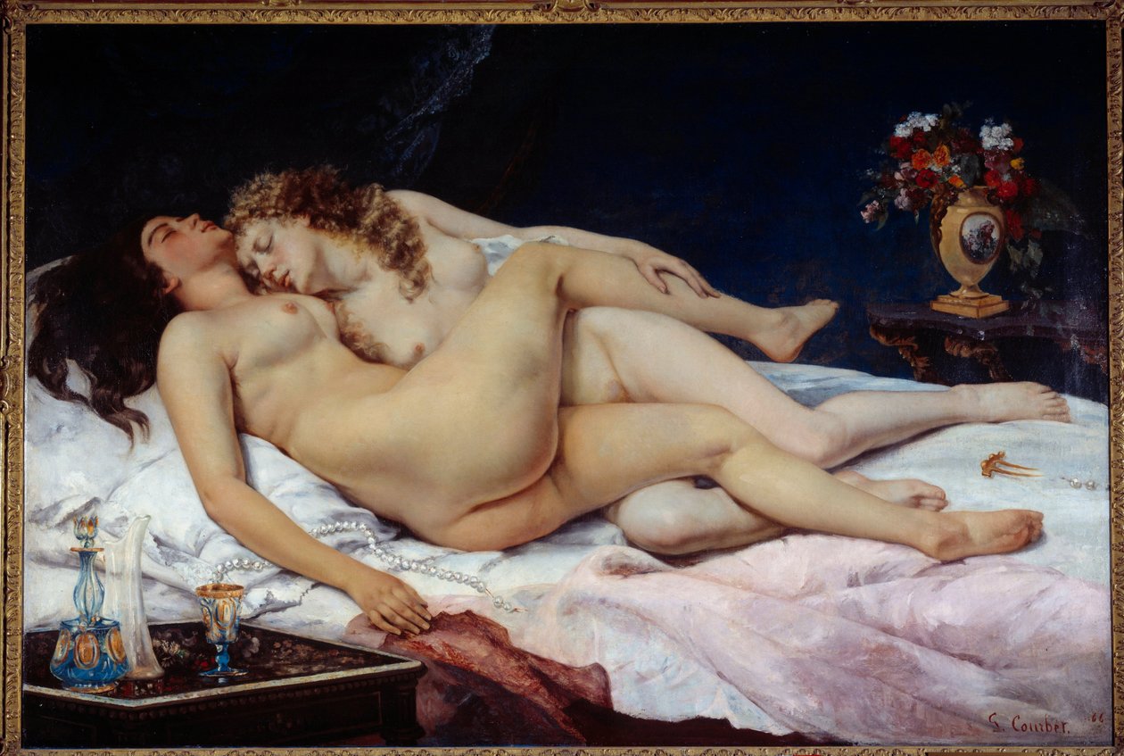 Dormir. Duas mulheres nuas abraçadas numa cama. de Gustave Courbet