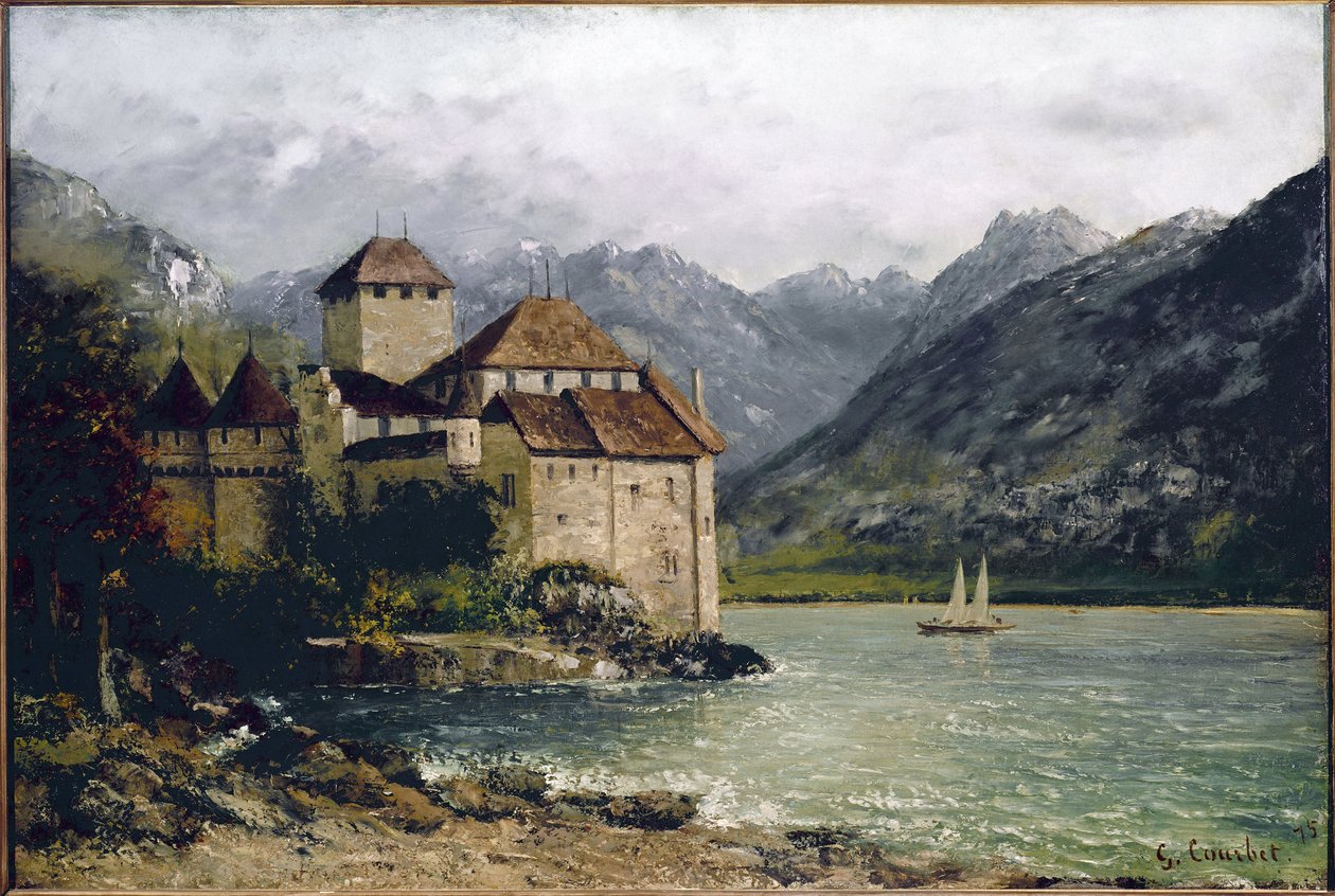 Vista do Castelo de Chillon no lago de Genebra (óleo sobre tela de Gustave Courbet