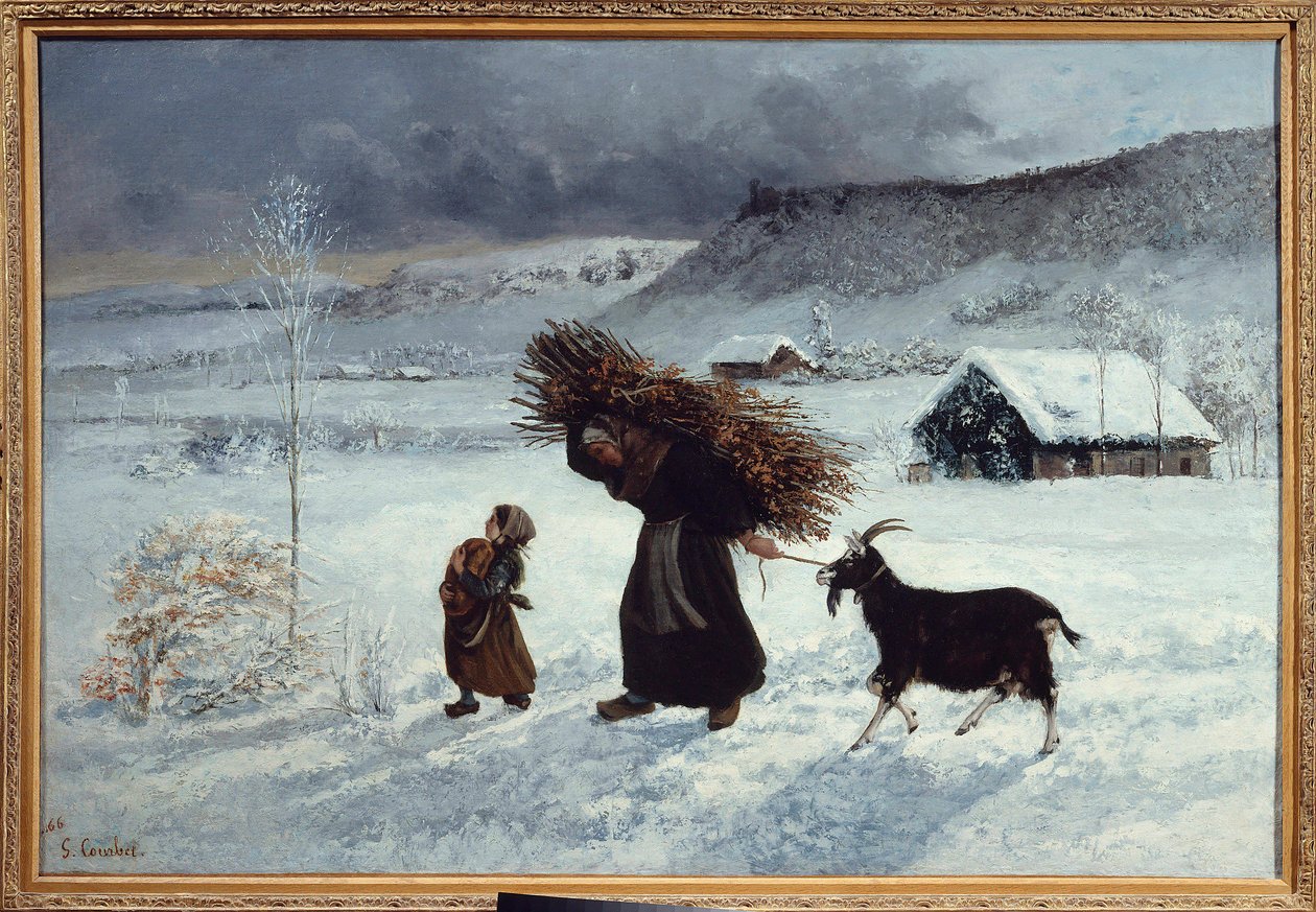 Pobreza da aldeia, Ornans. Uma camponesa e sua filha trazem pão, beliches de madeira e uma cabra como provisão de inverno. Pintura de Gustave Courbet (1819-1877) Sol do século XIX. 1,26 X 0,85 m. Coleção Particular de Gustave Courbet
