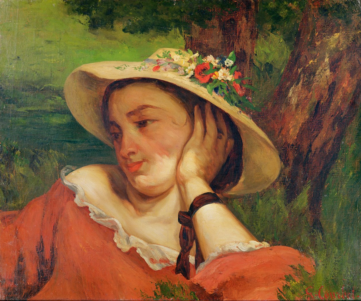 Mulher em um chapéu de palha com flores, c.1857 de Gustave Courbet