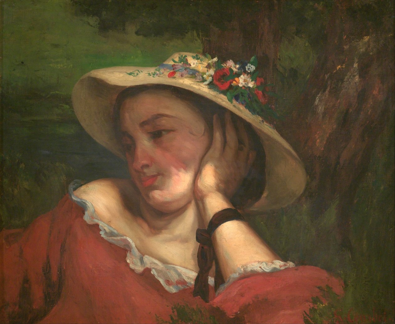 Moças na margem do Sena - fragmento de uma pintura (Mulher com flores no chapéu) de Gustave Courbet