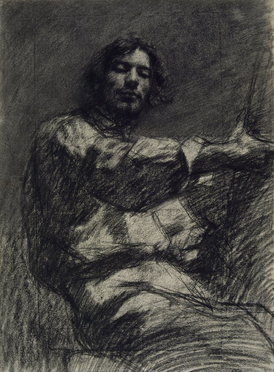 Jovem sentado, estudar. Auto-retrato no cavalete, c. 1847 de Gustave Courbet