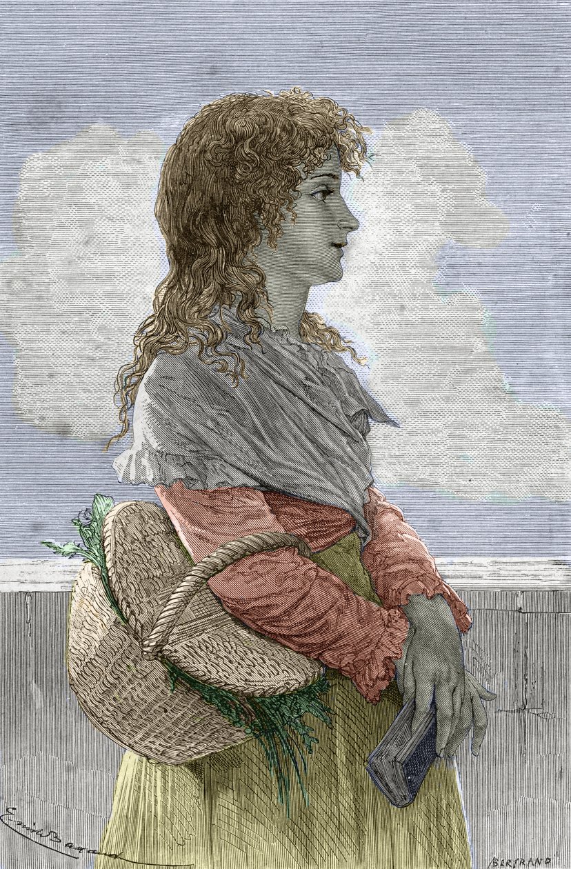 Revolução Francesa: "Retrato de Manon (Jeanne Marie) Roland Philipon dite Madame Roland (1754-1793), membro da festa Girondin, jovem rapariga" - Gravura de "Femmes illustres" de Gustave Demoulin - 1887 - "Manon (Jeanne Marie) Roland Philipon call de Gustave Demoulin