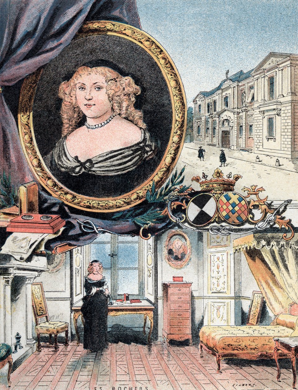 Retrato da Marquesa de Sevigne, juntamente com o Chateau des Rochers e o Hotel Carnavalet de Gustave Demoulin