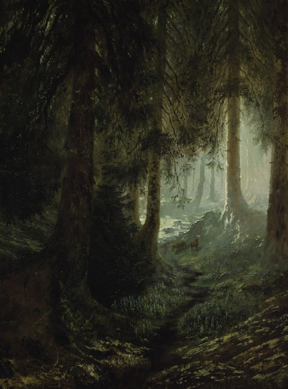 Veado numa paisagem florestal de Gustave Dore