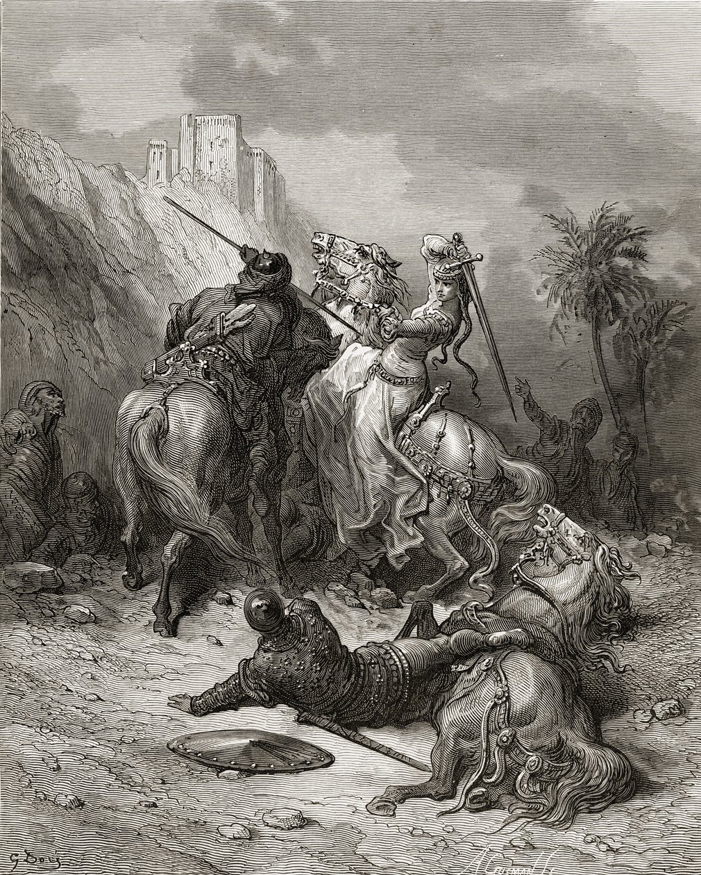 Florine da heroína de Borgonha, ilustração de "Bibliotheque des Croisades" por JF. Michaud, 1877 de Gustave Dore