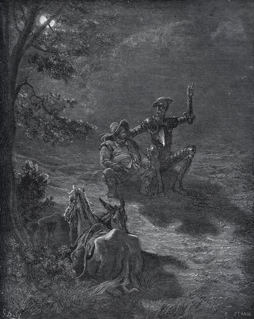 Um discurso noturno - de "Dom Quixote de la Mancha" de Miguel Cervantes (1547-1616) (Dom Quixote) - Corte de madeira após desenho de Gustave Dore de Gustave Dore