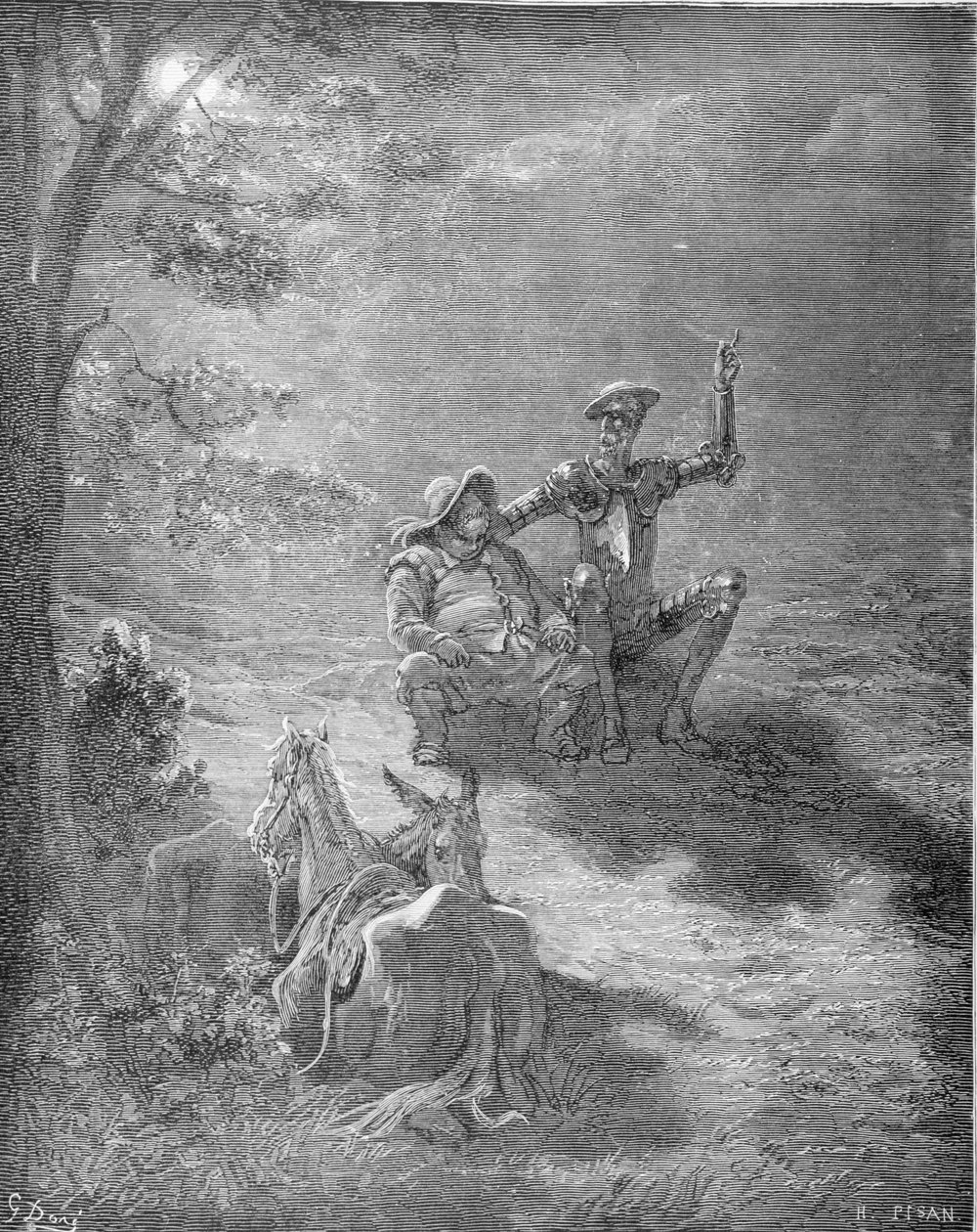 Um Discurso Noturno, de Dom Quixote de la Mancha, de Miguel Cervantes (1547-1616), gravado por Heliodore Joseph Pisan (1822-90), c.1868 de Gustave Dore
