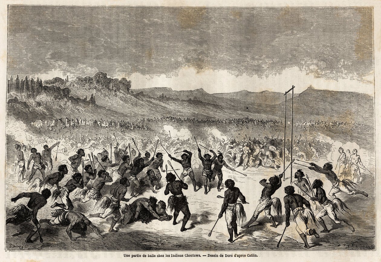 Um jogo de bola entre os índios Choctaws, tribo da região do Mississippi, desenhado por Gustave Dore (1832-1883), para ilustrar a viagem do Mississippi ao Oceano Pacífico em 1853-54 por Baudouin Mollhausen (1825-1905). Gravura em "Le tour du monde, nouveau de Gustave Dore
