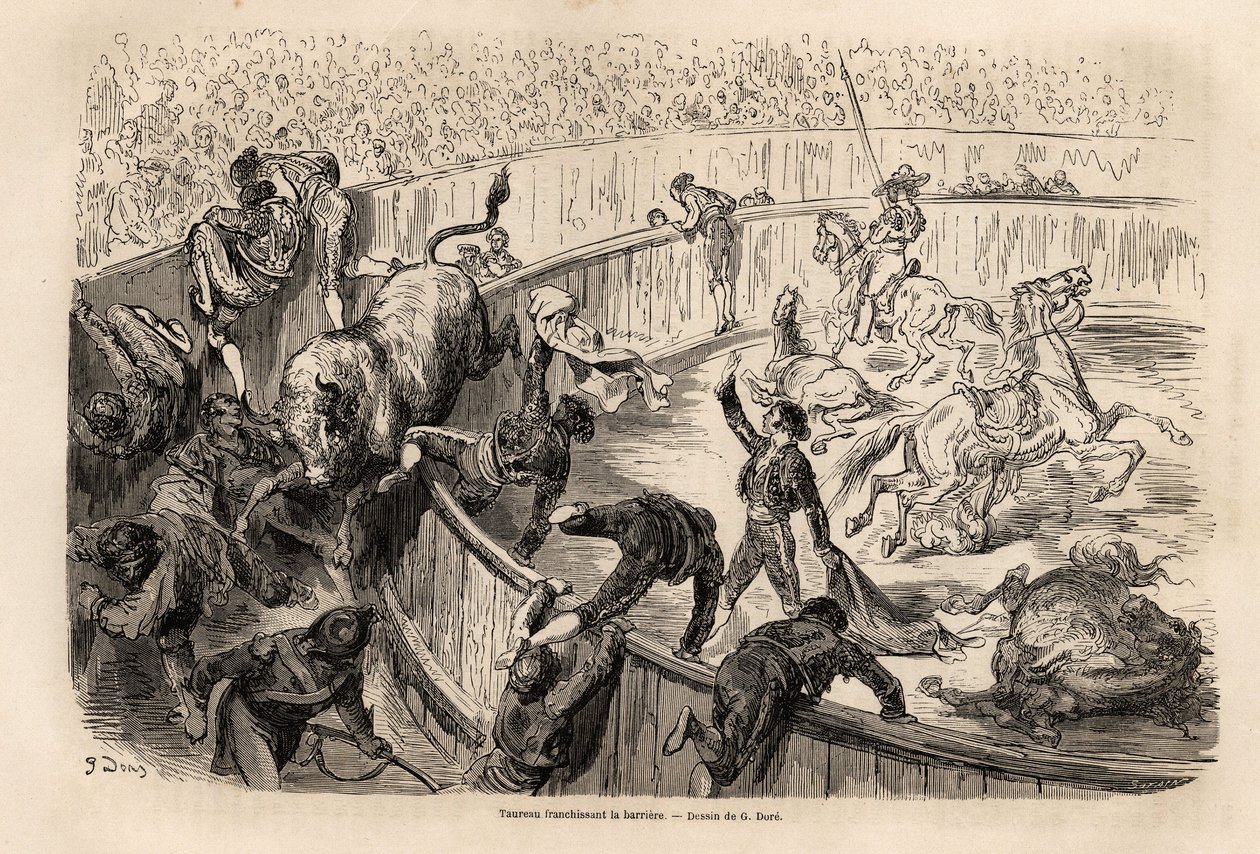 Um touro atravessando a barreira, durante uma tourada em Valência, desenho de Gustave Dore (1832-1883), para ilustrar sua viagem à Espanha, com C. Davillier, em 1862. Gravura em "Le tour du monde", editado por Edouard Charton de Gustave Dore