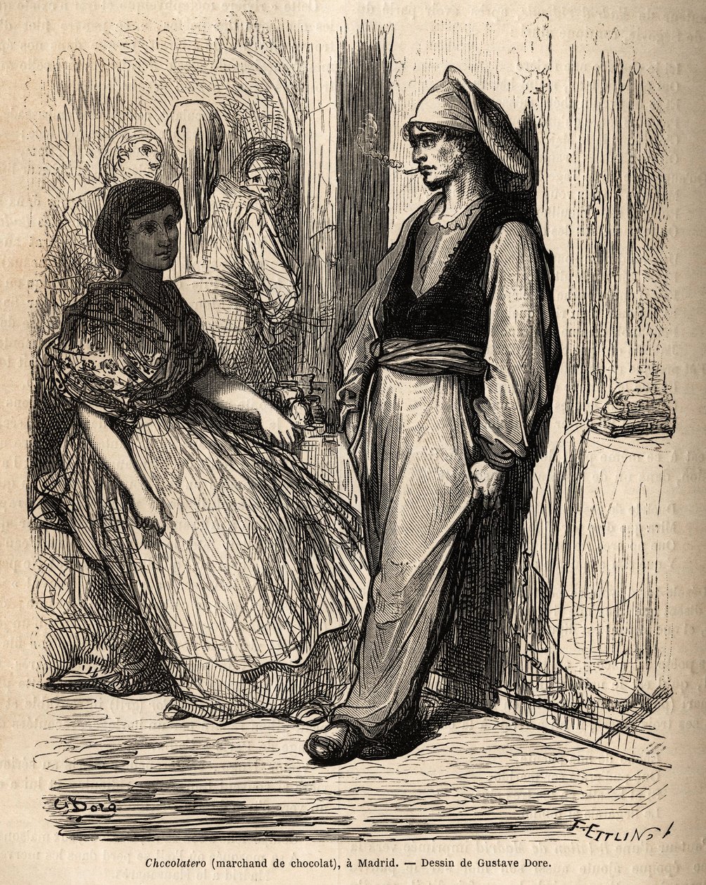 Um negociante de chocolate ao ar livre, esboça sobre o animado que se vive em Madrid. Gravura de Gustave Dore (1832-1883) para ilustrar a sua viagem à Espanha, com Ch. Davillier (editor), em 1862, publicada em "Le tour du monde" 1869, editada por Edouard C de Gustave Dore
