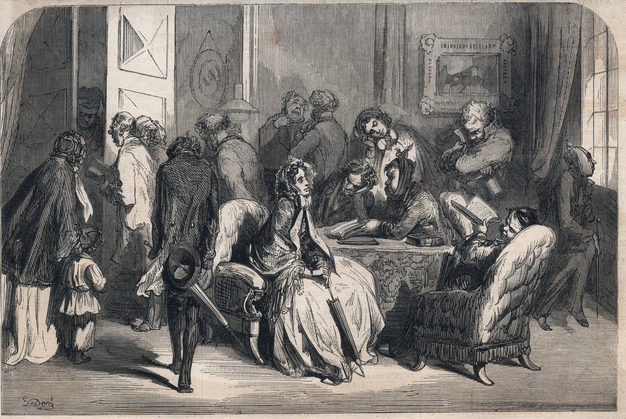 A antecâmara de um dentista. Desenho de Gustave Dore (1832-1883). Gravura em "Le Monde illustrious" de 1862. Coleção privada. de Gustave Dore