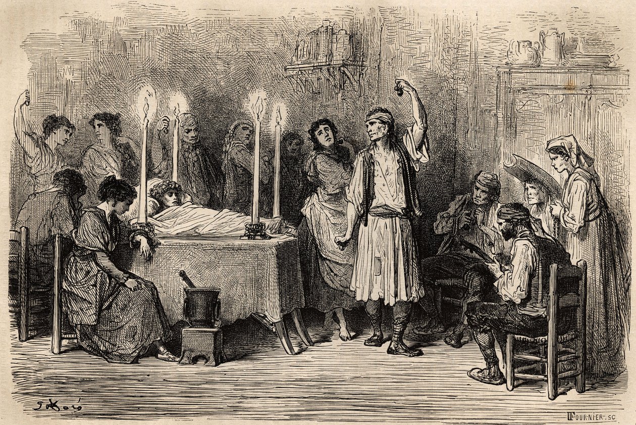 Um baile fúnebre, durante o dia mortuário em Jijonas (província de Alicante). Esboço feito ao vivo por Gustave Dore (1832-1883). Gravura para ilustrar a viagem na Espanha, em 1862, de Charles Davillier e Gustave Dore, em "Le tour du monde, nouveau jour". de Gustave Dore