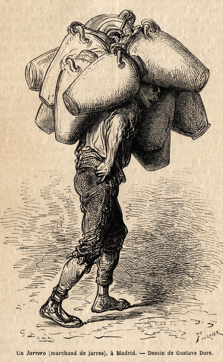 Um comerciante de frascos, esboço sobre o animado que se vive em Madrid. Gravura de Gustave Dore (1832-1883) para ilustrar sua viagem à Espanha, com Ch. Davillier (editor), em 1862, publicada em "Le tour du monde" 1869, editada por Edouard Charton, edição  de Gustave Dore