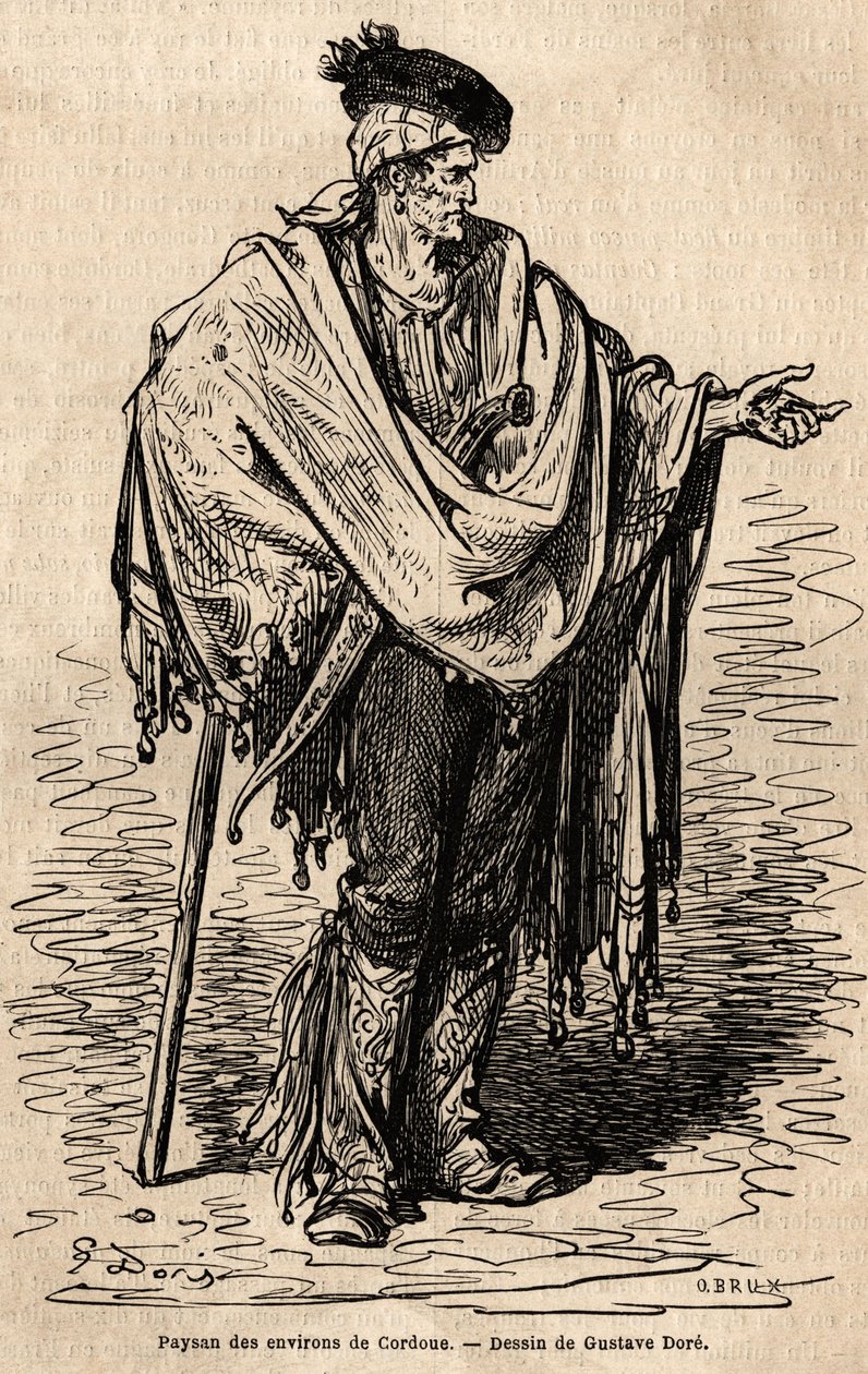 Um camponês da região de Córdoba. Esboço tirado ao vivo por Gustave Dore (1832-1883). Gravura para ilustrar a viagem na Espanha, em 1862 por Charles Davillier e Gustave Dore, na "Le tour du monde, nouveau journal des voyages" publicada sob o dir de Gustave Dore
