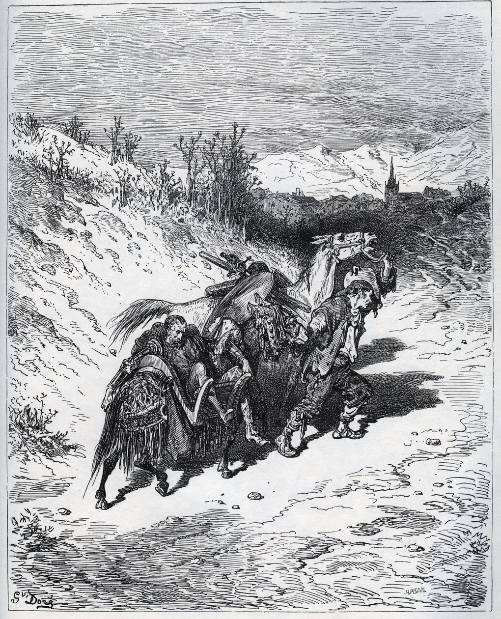 Um arado traz Dom Quixote e Rossinante de volta à aldeia - de “Don Quixote de la Mancha” ”de Miguel Cervantes de Gustave Dore