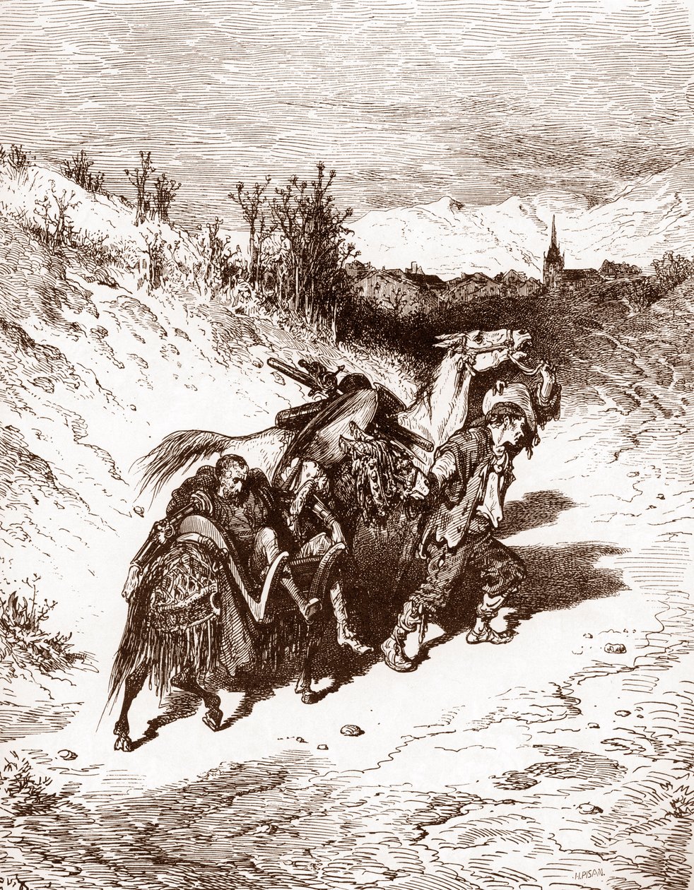 Um lavrador da sua própria aldeia traz para casa Quixote Gravura de Gustave Dore (1832-1883) para "L