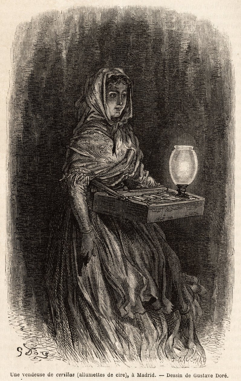 Uma vendedora de fósforos de cera, esboça ao vivo na puerta del sol, em Madrid. Gravura de Gustave Dore (1832-1883) para ilustrar sua viagem à Espanha, com Ch. Davillier (editor), em 1862, publicada em "Le tour du monde" 1869, editada por Edouard Charton, de Gustave Dore