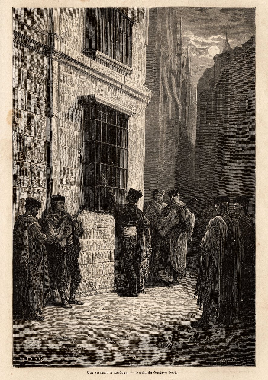 Uma serenata ao luar, nas ruas de Córdoba, o amante, violão na mão, fala em voz baixa à sua noiva através de uma janela de rede de arame, recita poemas ou canta uma canção para ele. Desenho de Gustave Dore (1832-1883). Gravura para ilustrar o v de Gustave Dore