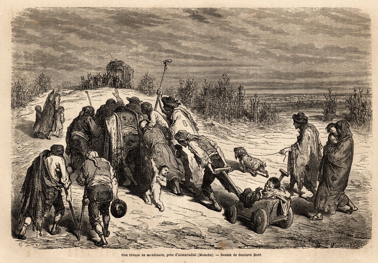 Uma trupe de mendigos e enfermos, um verdadeiro tribunal de milagres, dirige-se para uma diligência para pedir almôndegas nas proximidades de Almuradiel (Província de Mancha). Desenho de Gustave Dore (1832-1883). Gravura para ilustrar a viagem na Espanha,  de Gustave Dore