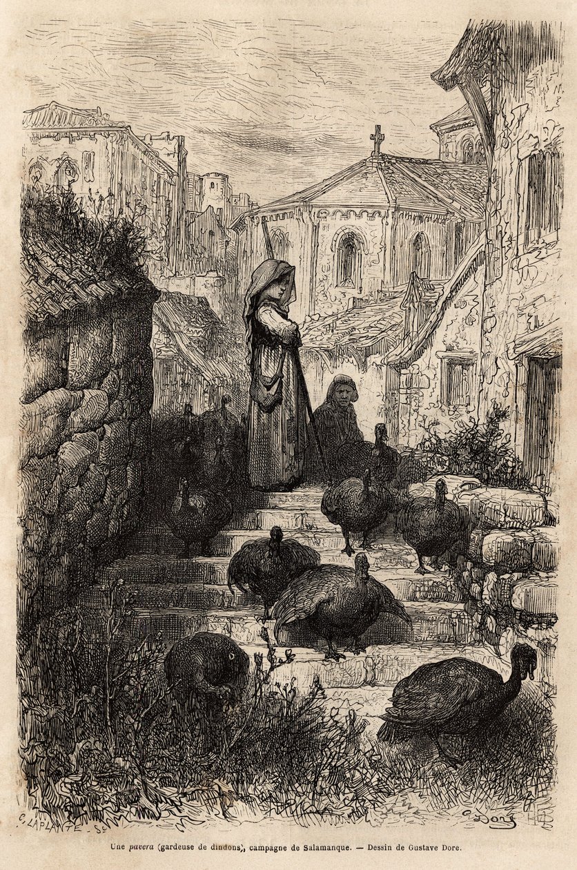 Um guarda peru, nas ruas de uma aldeia no campo de Salamanca. Desenho de Gustave Dore (1832-1883). Gravura para ilustrar a viagem na Espanha, de Charles Davillier, em 1862, publicada em "Le tour du monde" 1872, editada por Edouard Chart. de Gustave Dore