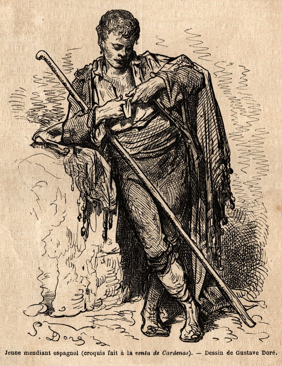 Um jovem mendigo, a vente de Cardenas, uma pousada na estrada de Almaden (província do Canal da Mancha). Esboço feito ao vivo por Gustave Dore (1832-1883). Gravura para ilustrar a viagem na Espanha, em 1862, de Charles Davillier e Gustave Dore, em "Le tour de Gustave Dore
