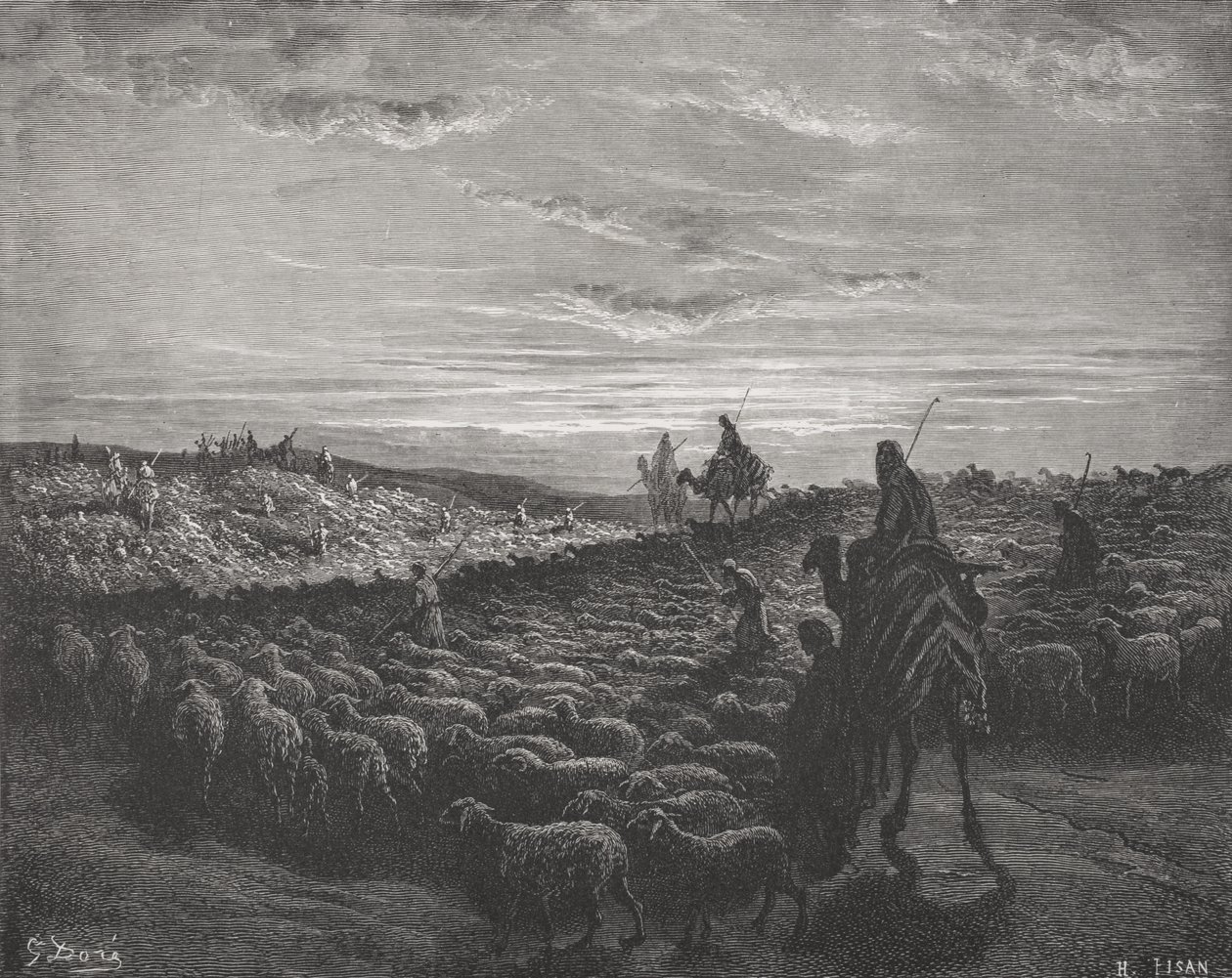 Abraão viajando para a terra de Canaã, Gênesis 13: 1-4, ilustração da "Bíblia Sagrada" de Dore, gravada por Pisan, 1866 de Gustave Dore