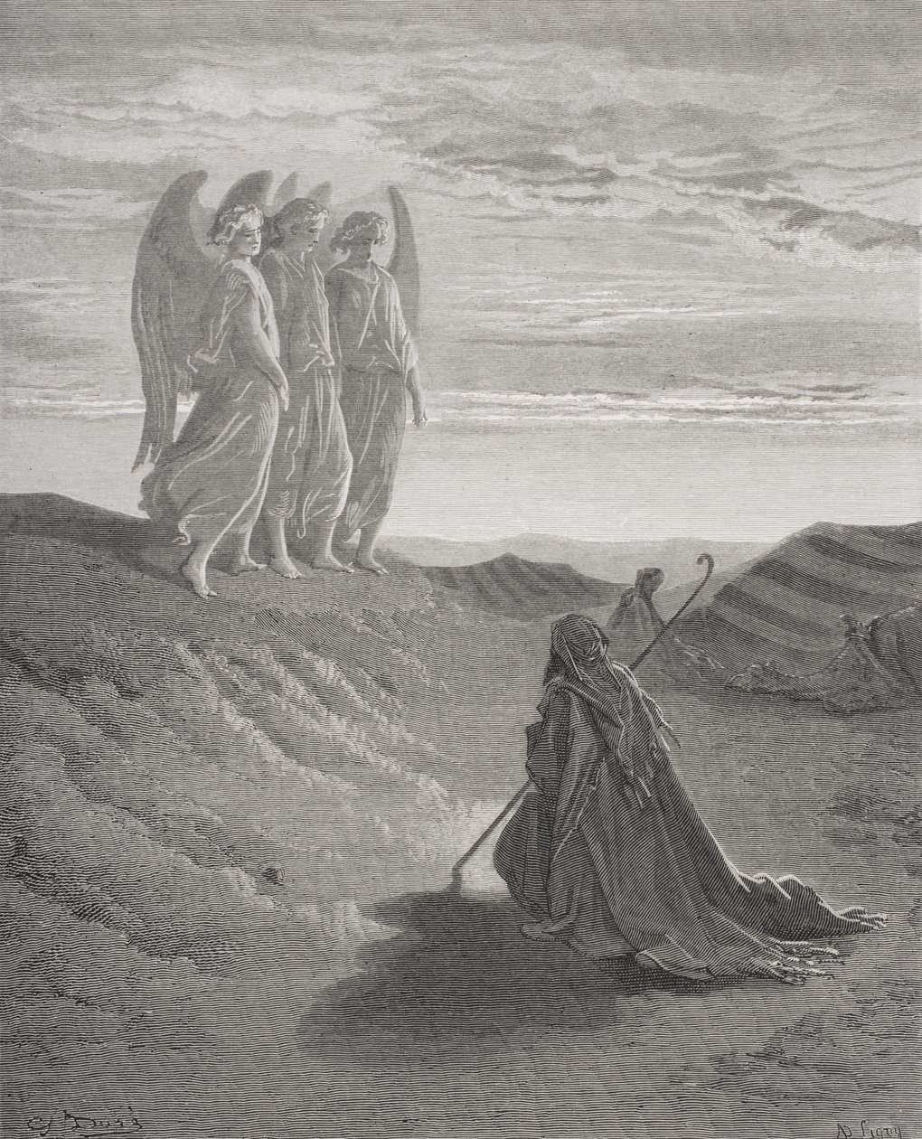 Abraão e os três anjos, ilustração de "A Bíblia Sagrada" de Dore, gravada por Ligny, 1866 de Gustave Dore