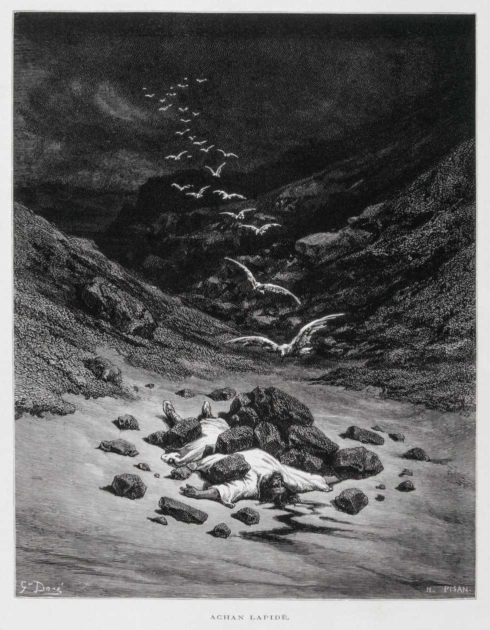Achan é apedrejado até à morte (Josh. 7:1,10-26), Ilustração da Bíblia Dore de Gustave Dore