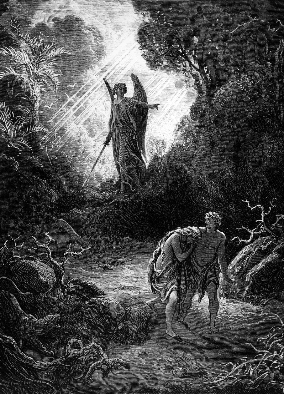 Adão e Eva são caçados no Paraíso. Gravura de Gustave Dore. Edição Mame 1891. de Gustave Dore