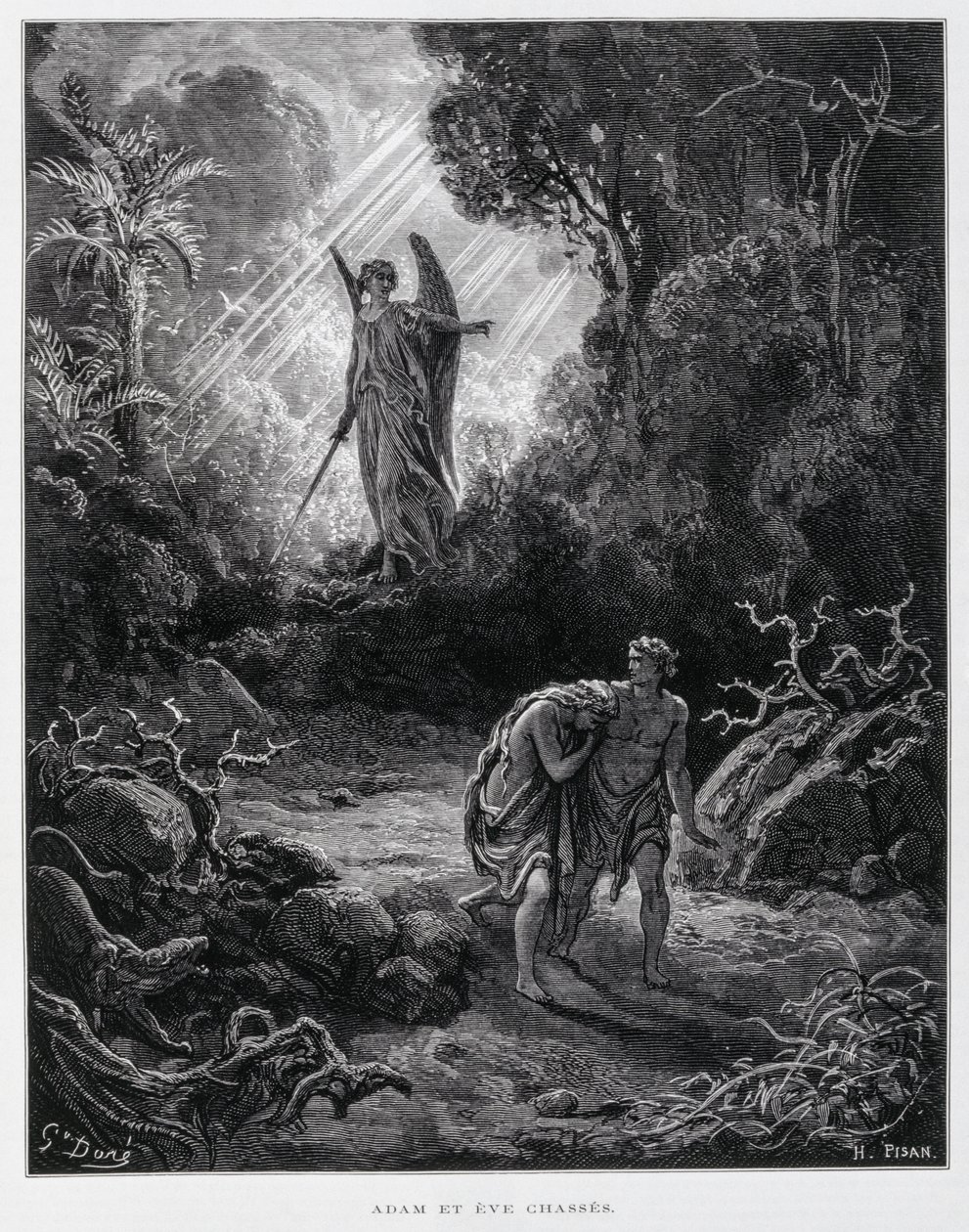 Adão e Eva expulsos do Jardim do Éden por um anjo, Ilustração da Bíblia de Dore de Gustave Dore