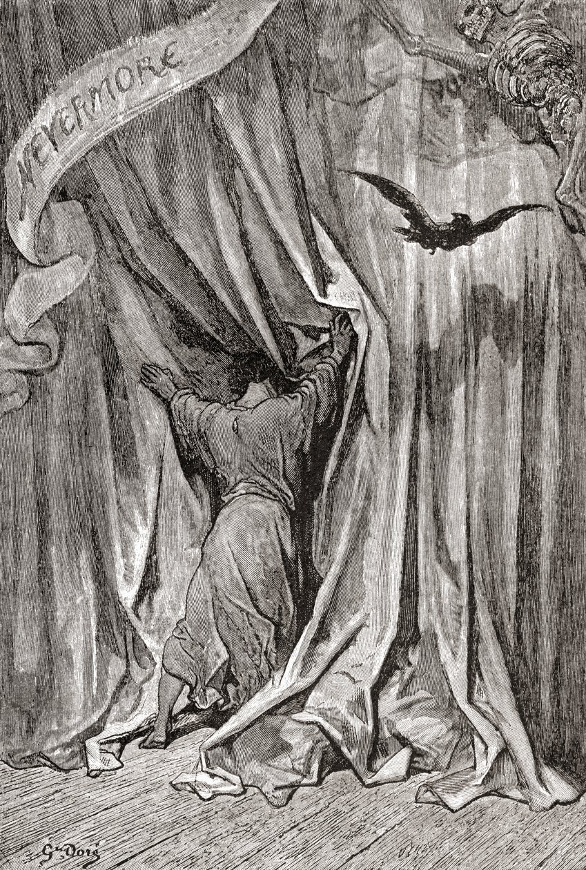Segundo um desenho de Gustave Dore para o poema "O Corvo" de Edgar Allan Poe. De Life and Reminiscences of Gustave Dore, publicado em 1885. de Gustave Dore