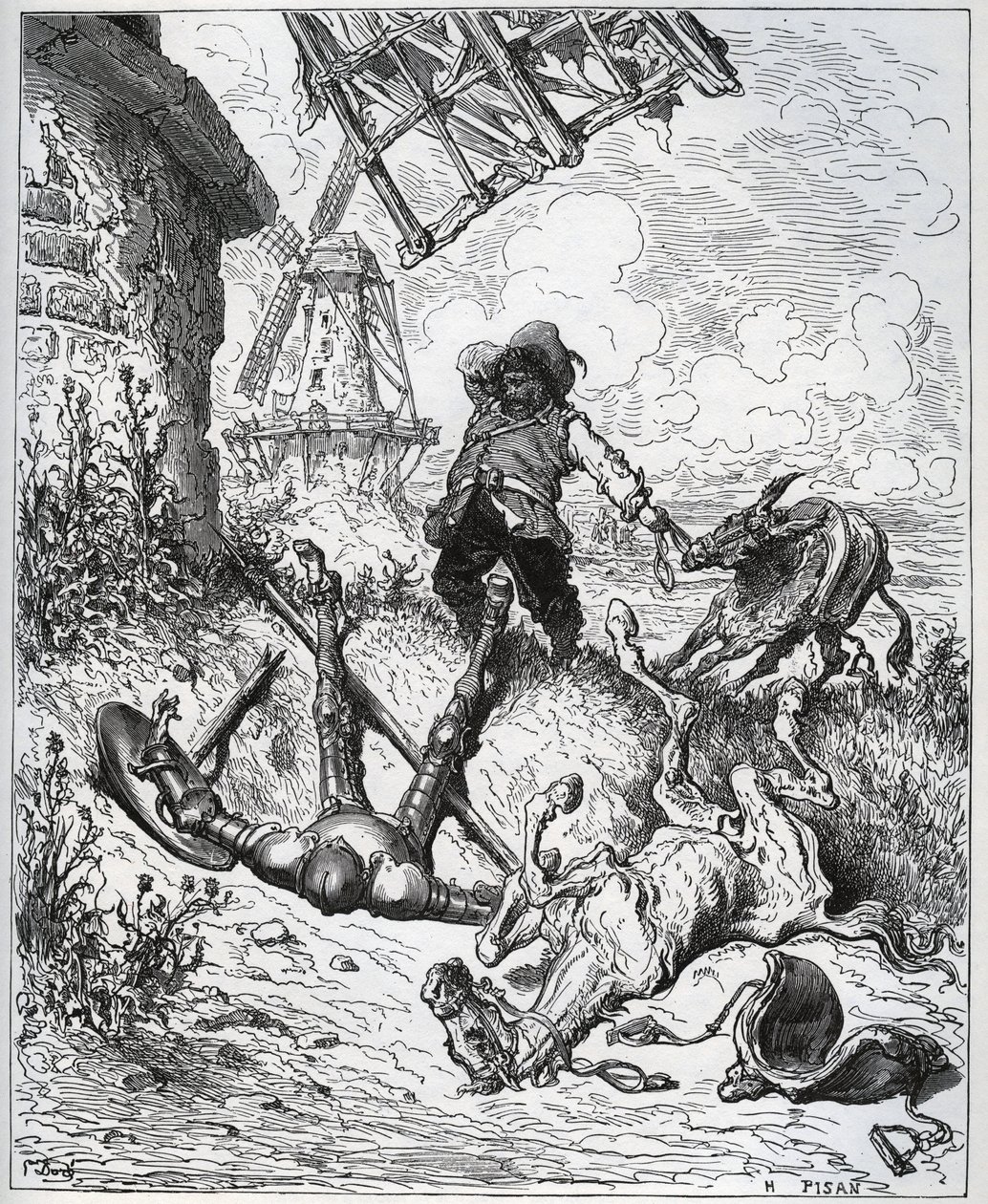 Depois do assalto dá os moinhos de vento - "Misericorde! "Sancho - de "Don Quixote de la Mancha" de Miguel Cervantes (1547-1616) (Don Quixote) - Corte de madeira após desenho de Gustave Dore de Gustave Dore