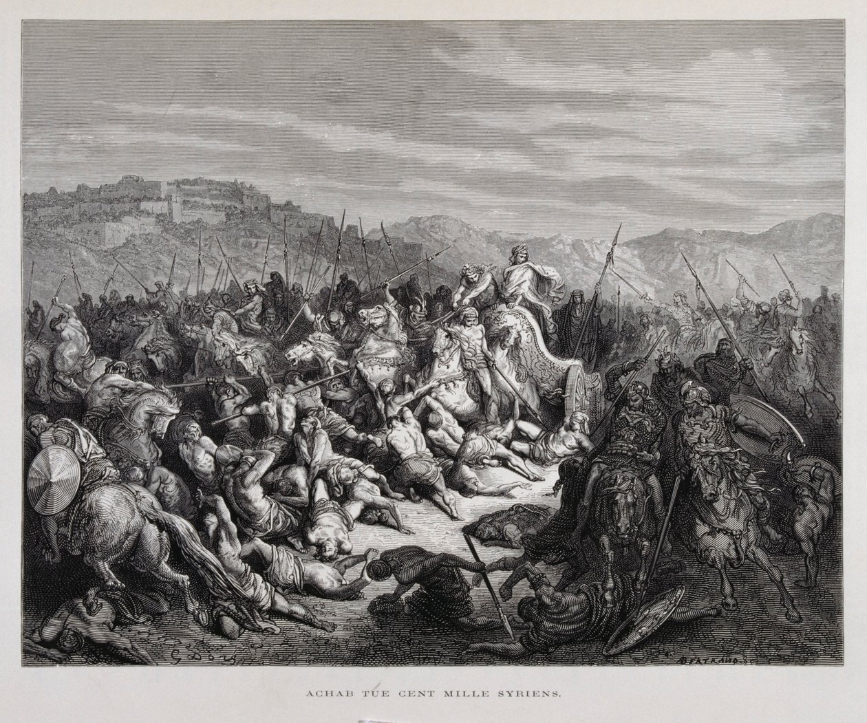 Acabe combate os assírios na batalha de Qarqar , Ilustração da Bíblia de Dore de Gustave Dore