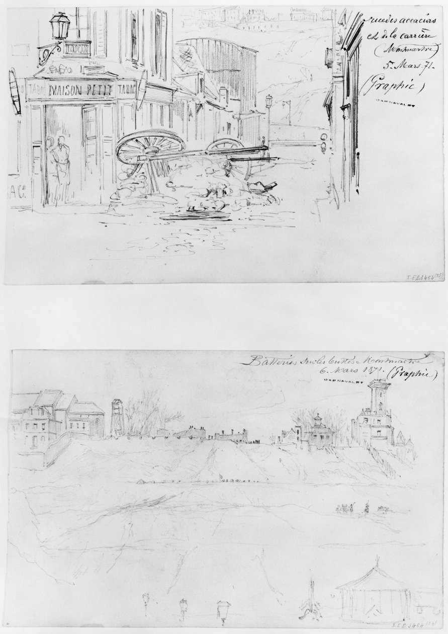 Álbum do cerco de Paris, rue des Accacias e rue de la Carriere 5 de março de 1871, pilhas no Buttes Montmartre 6 de março de 1871 (caneta e tinta marrom e lápis sobre papel) de Gustave Dore