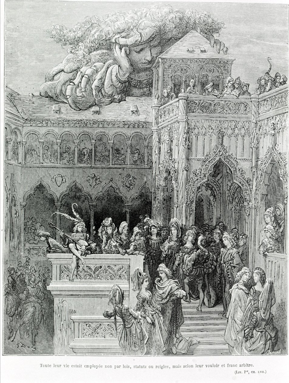 Todas as suas vidas foram empregadas não por leis, estatutos ou regras, mas segundo a sua vontade e vontade franca, depois de Gargântua (1534) por François Rabelais (1483 - 1553). Gravado por Gustave Dore (1832-1883). de Gustave Dore