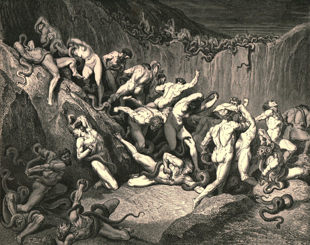 Em meio a essa terrível exuberância de angústia, espíritos nus voavam com medo horrível, c1890. de Gustave Dore