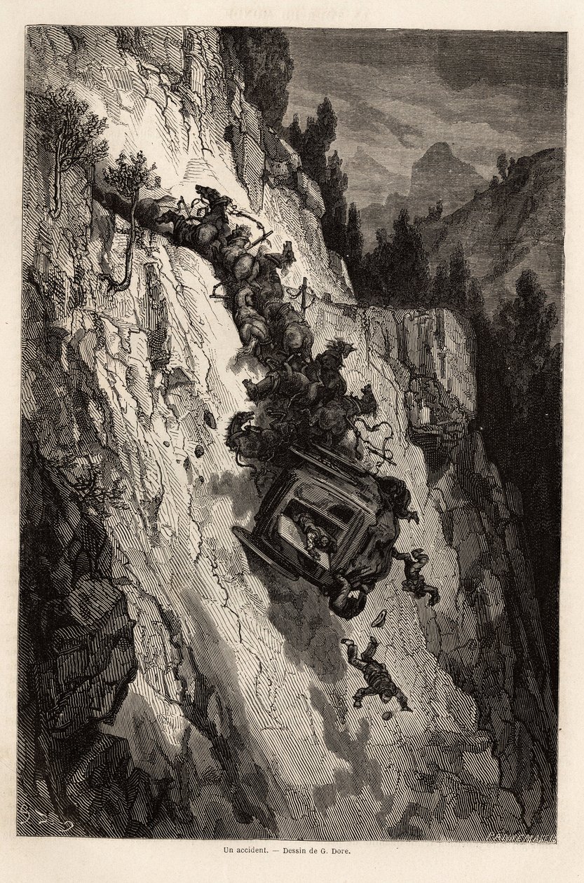 Um acidente de diligência, desenho de Gustave Dore (1832-1883), para ilustrar sua viagem à Espanha, com C. Davillier, em 1862. Gravura em "Le tour du monde", editado por Edouard Charton de Gustave Dore