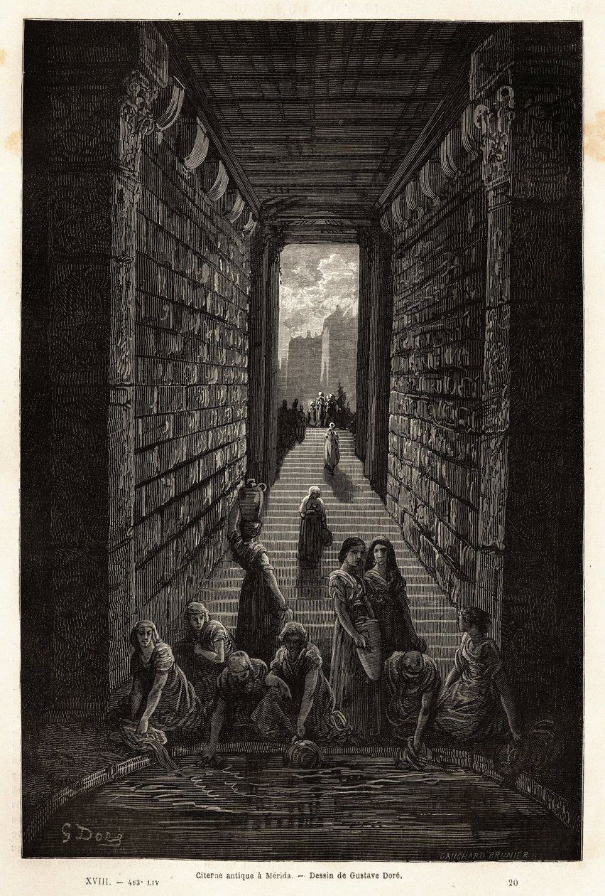 Uma cisterna antiga, ainda em uso, em Mérida. Gravura para ilustrar a viagem à Espanha do ilustrador Gustave Dore (1832-1883) e do Barão Ch. Davillier, em 1862, publicada no "Le tour du monde, nouveau journal des voyages", sob a direcção de de Gustave Dore